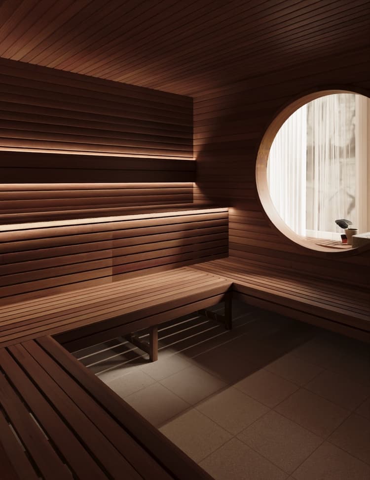 Timber sauna with a round window